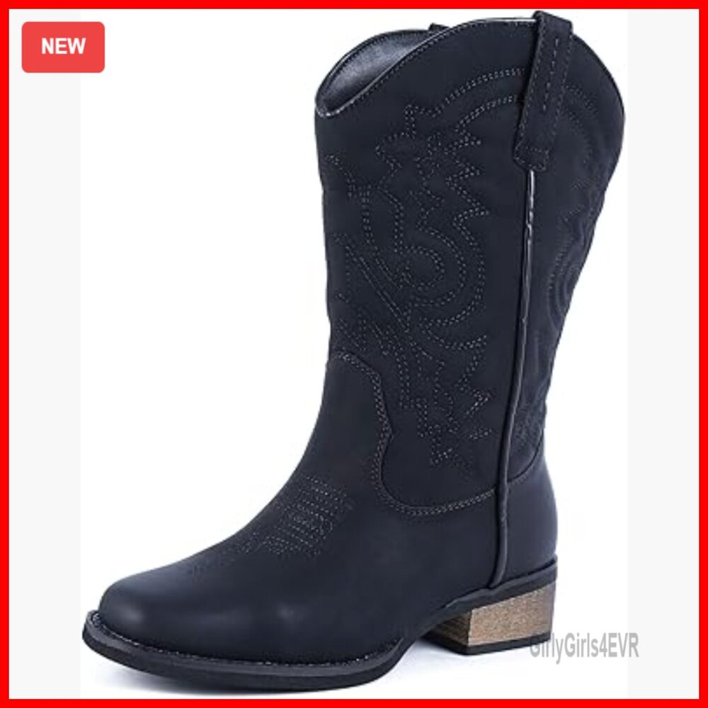Square Toe Wide Calf Western Boots Low Heel Mid Calf Booties